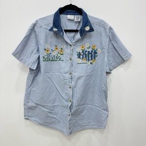 Vintage Bobbie Brooks denim color floral sunflowers blue stripe button down XL